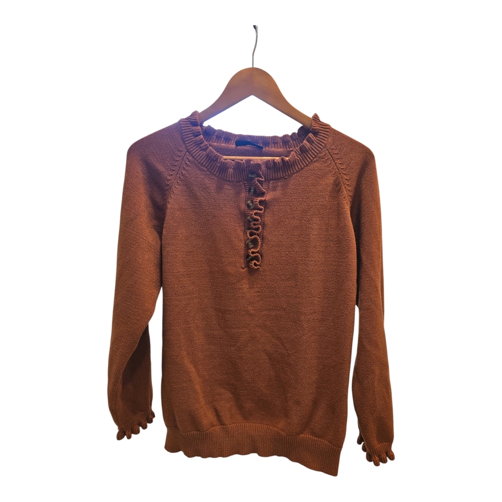 Women's Scoop Neck Ruffle Trim Sweater - Rust